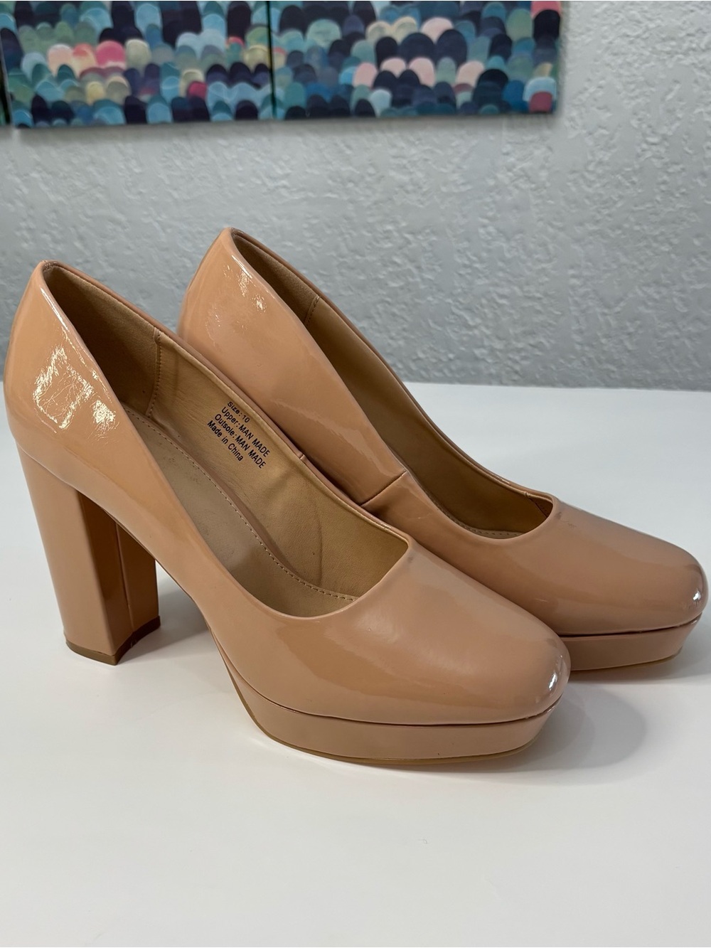 New York & Company Nude Patent Platform Block Heels